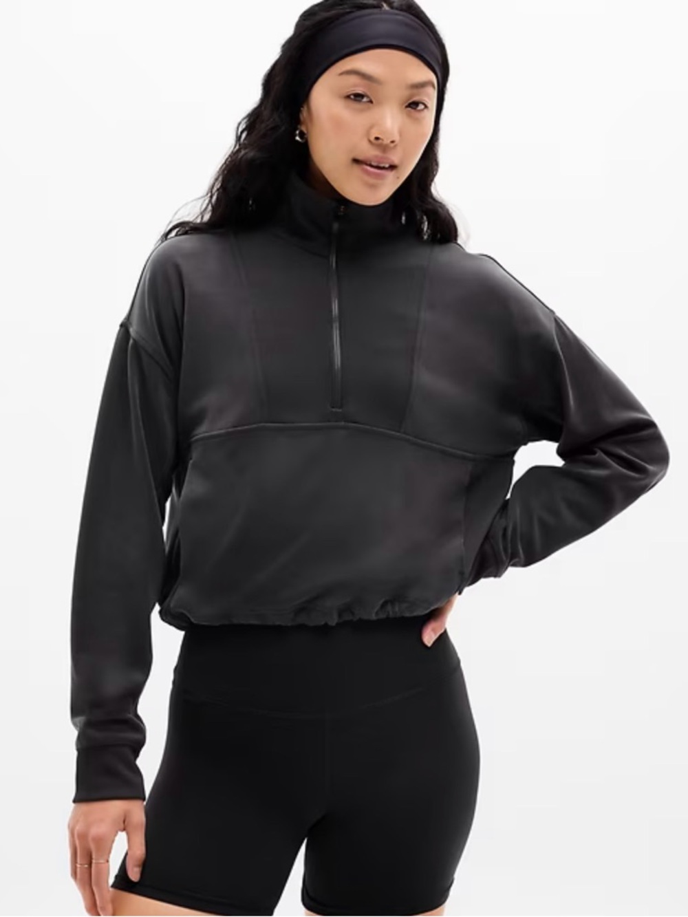 Cropped Half-Zip Pullover Jacket in Black